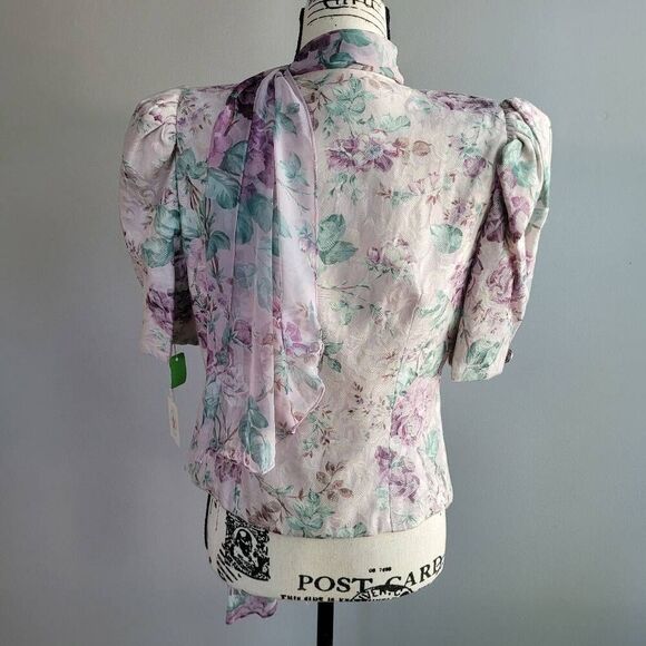 VTG rare deadstock 80s floral blouse puff sleeve attached scarf regency cottage - Picture 5 of 14